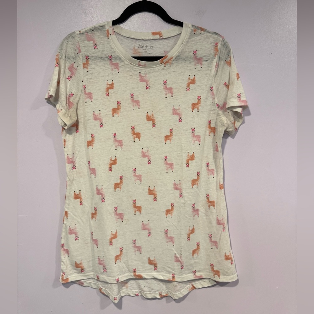 Zoe + Liv Cream Pink Llama Print Short Sleeve Tee